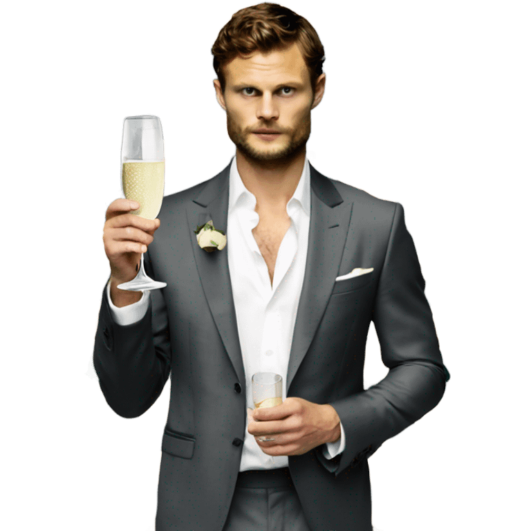 Photo of Jamie Dornan as Mr Grey holding roses and champagne  emoji