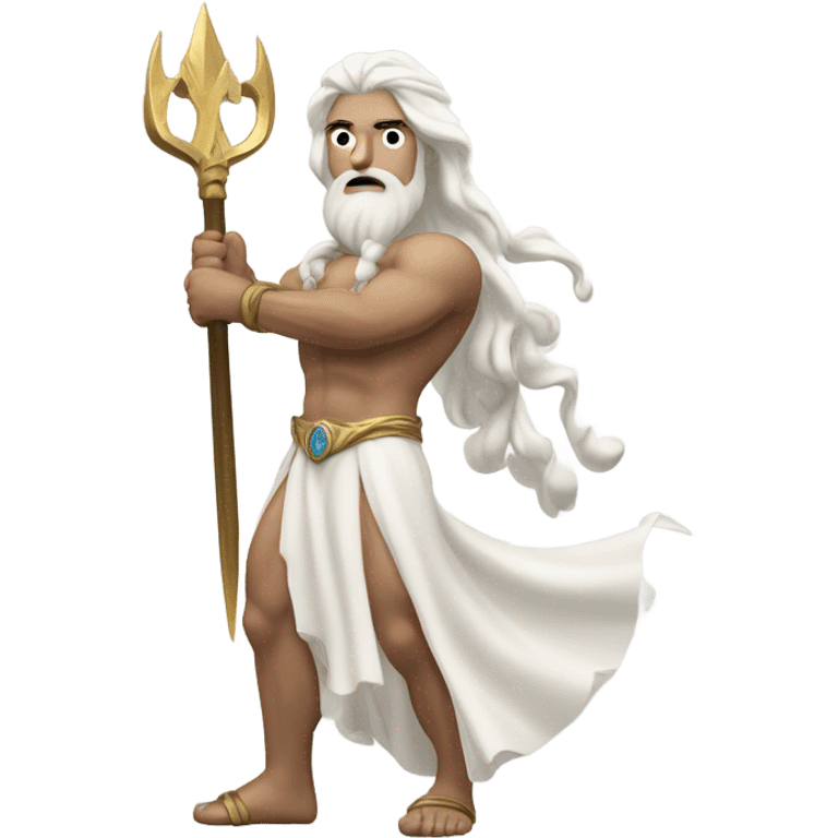 white Poseidon with gold Trident. long white hair white dress. show biceps muscle emoji