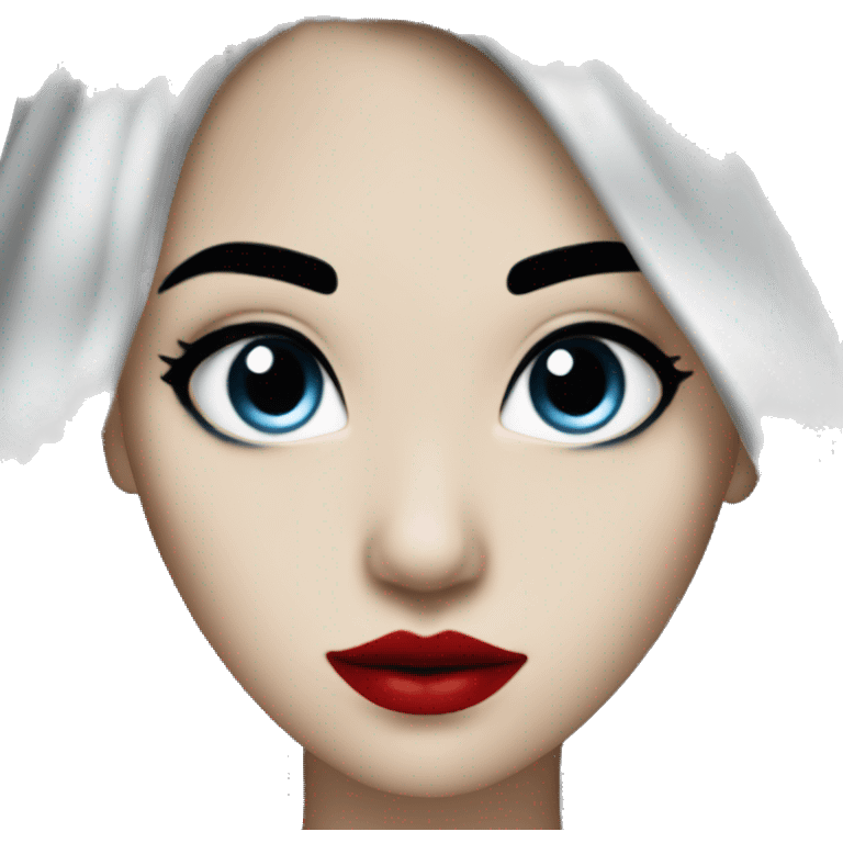 long black blue hair, red lipstick, black eyes, white skin and a small nose emoji