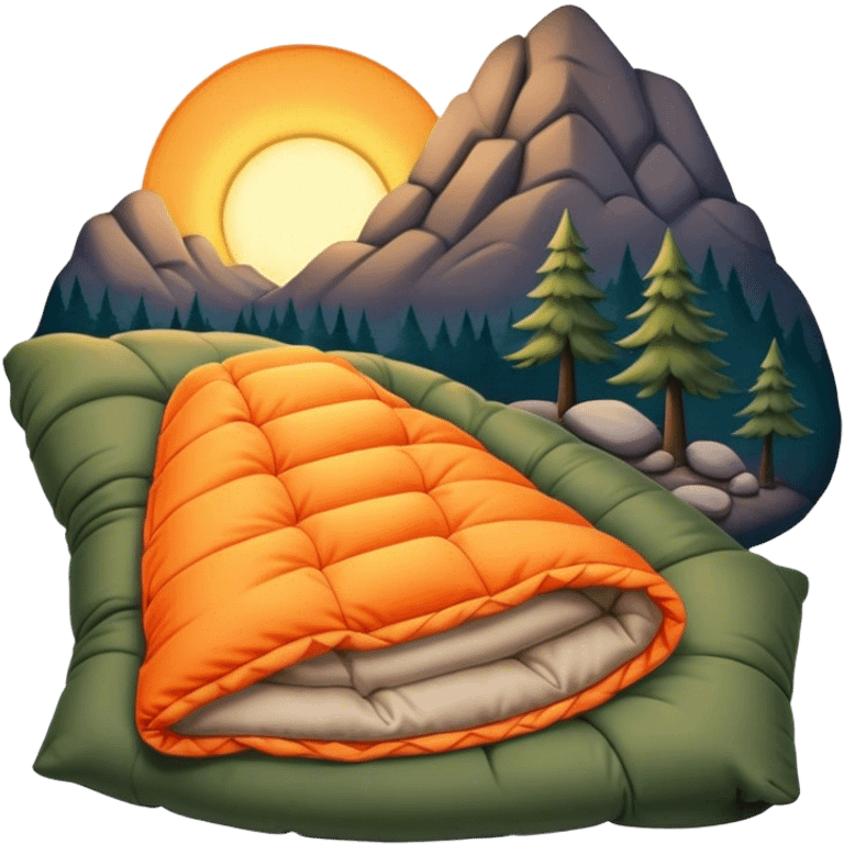 Cinematic Realistic Sleeping Bag, plush and slightly wrinkled, rich fabric texture catching the firelight, glowing with warmth and inviting coziness, nestled within a peaceful campsite. emoji