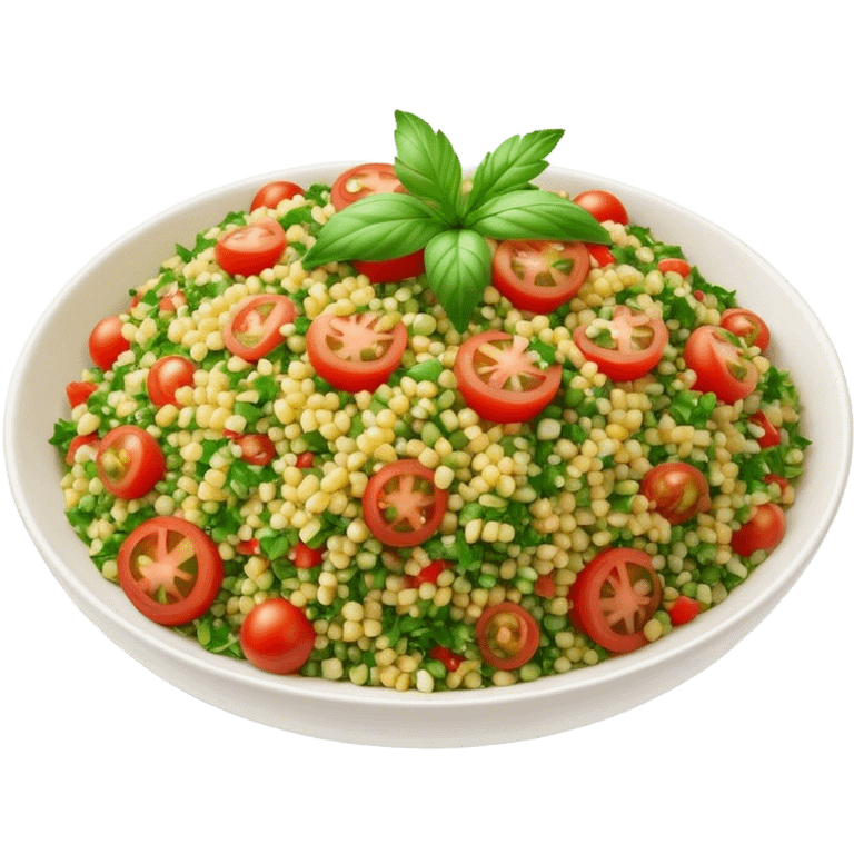 Cinematic Realistic Tabbouleh Salad Dish Emoji, showcasing a fresh herbaceous salad with bulgur, tomatoes, and parsley rendered with crisp textures and natural, vibrant lighting. emoji