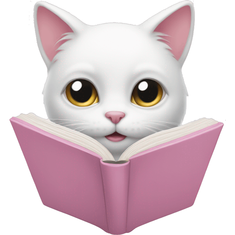 White cat is reading soft pink book emoji