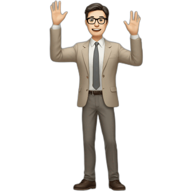 Full height Actively gesturing with hands Pale skinned fit man with dark brown hair in gray jacket, beige office shirt, brown tie, brown pants and vintage glasses. emoji