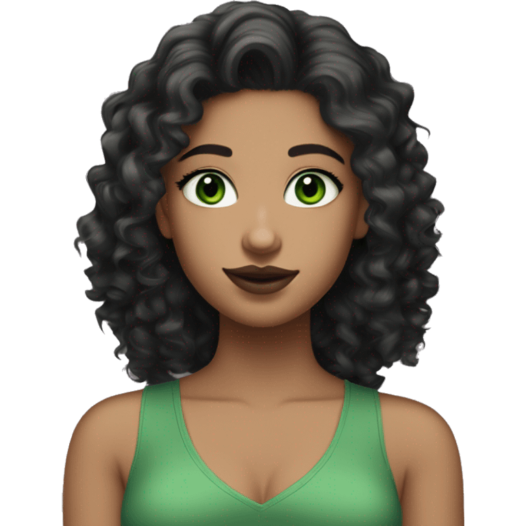 white 25-year-old pretty girl with very green eyes and black long curly/wavy hair, cute earrings, and green v-neck top, and mascara and mauve lipstick emoji