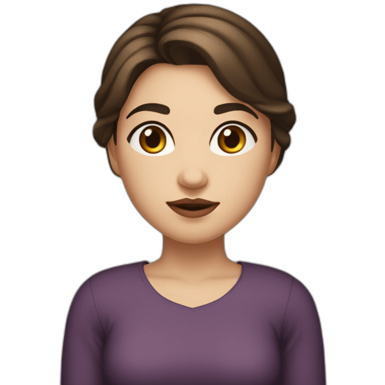 The girl is fair-skinned with brown eyes and long dark brown hair, thick dark eyebrows, has plump lips, but not pouty, natural, has slightly chubby cheeks, but is very slim in appearance. emoji