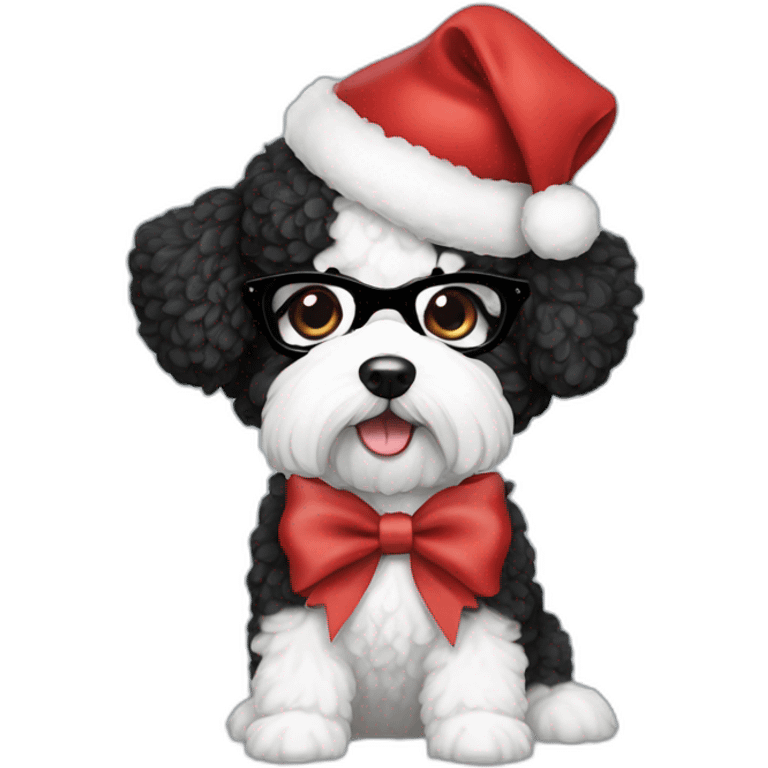 woman-black hair-bow-glasses-bichon dog-sitting-christmas hat emoji