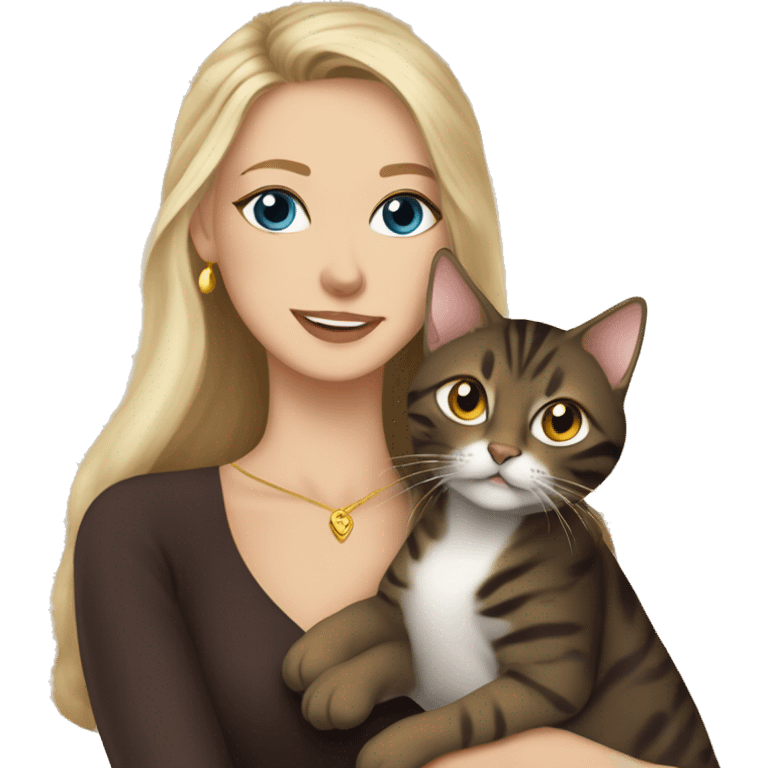 Beautiful skinny woman long dark brown hair in dark dress with gold earrings and blond man with blue eyes hug bengal cat emoji