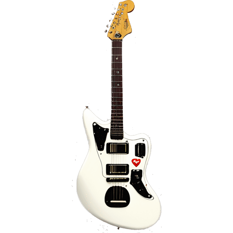 a olympic white jazzmaster model guitar with tortoise shield emoji