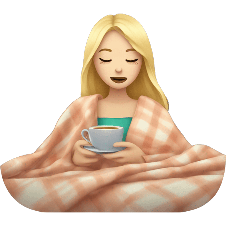 Blonde girl inside a blanket sipping tea eyes closed emoji