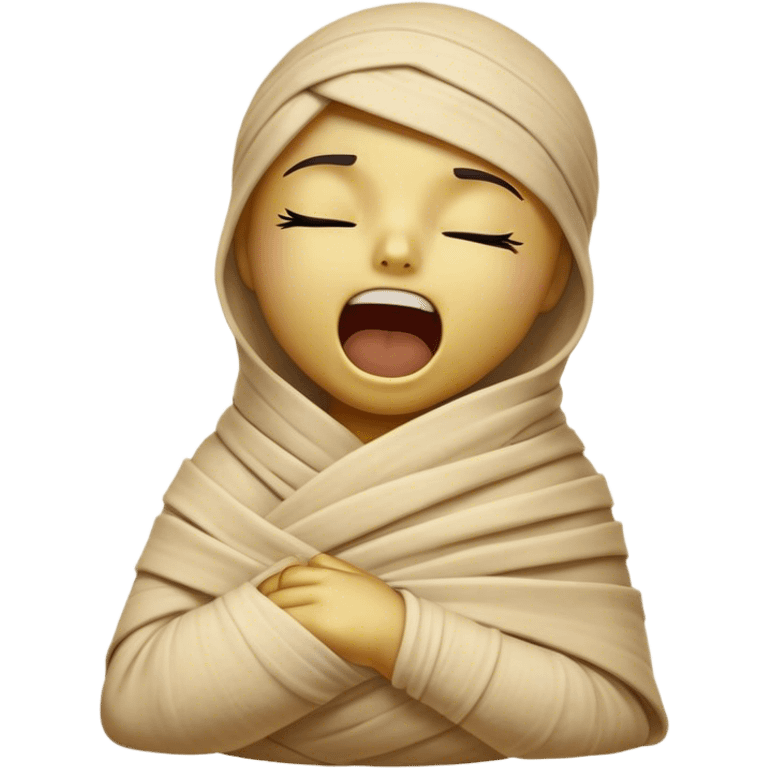 Cinematic Cute Yawning Mummy Portrait Emoji, with a snug, slightly askew bandaged form in warm, faded tones with gentle golden accents, head tilted back in a big, sleepy yawn revealing cute hints of ancient charm, simplified yet adorably detailed, glowing with a soft, nostalgic radiance and a gentle outline that captures a mummy’s tender need for rest! emoji