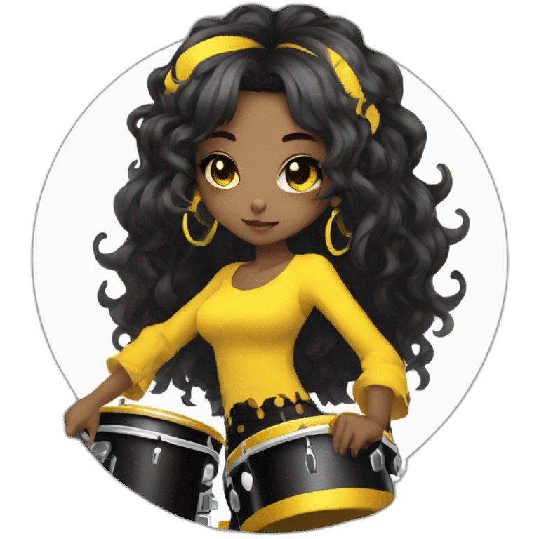 cute punk girl in yellow dress dark skin with yellow eyes and dark curvy hairs drummer anime style emoji