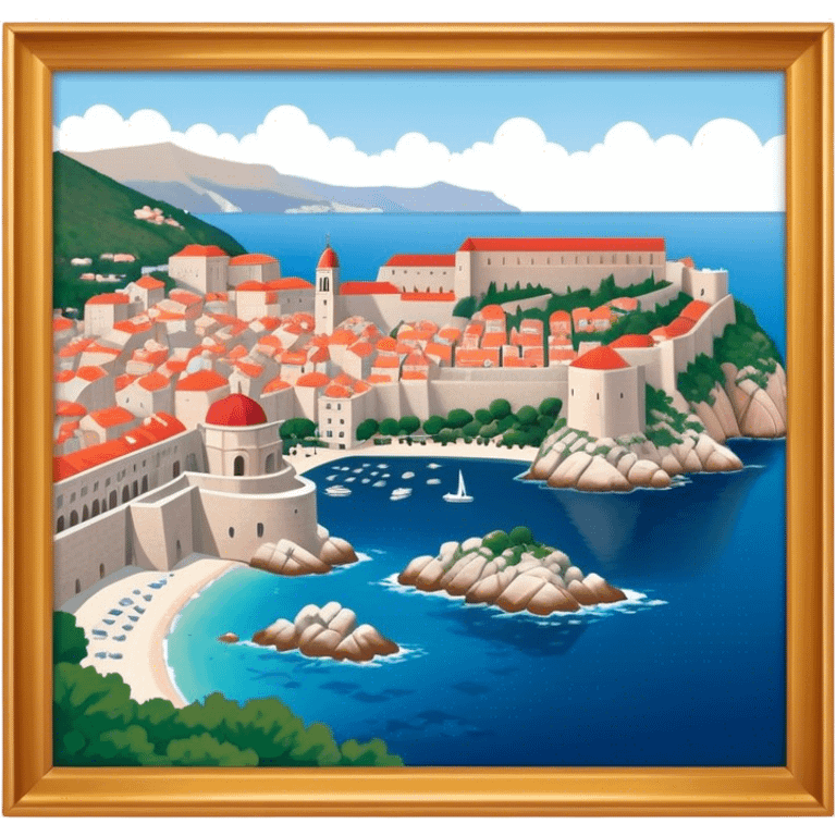 Cinematic Realistic aerial view of the historic city of Dubrovnik, showcasing its iconic red-roofed architecture, fortified walls, and sparkling Adriatic coastline, rendered with rich textures and warm Mediterranean lighting that captures its old-world charm. emoji