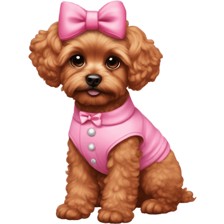 Red Shipoo dog in cute pink outfit with bow on head emoji