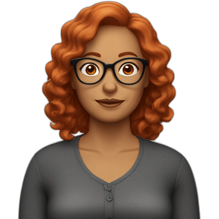 50-year-old woman with wavy red hair, glasses, black frames and a hanger emoji