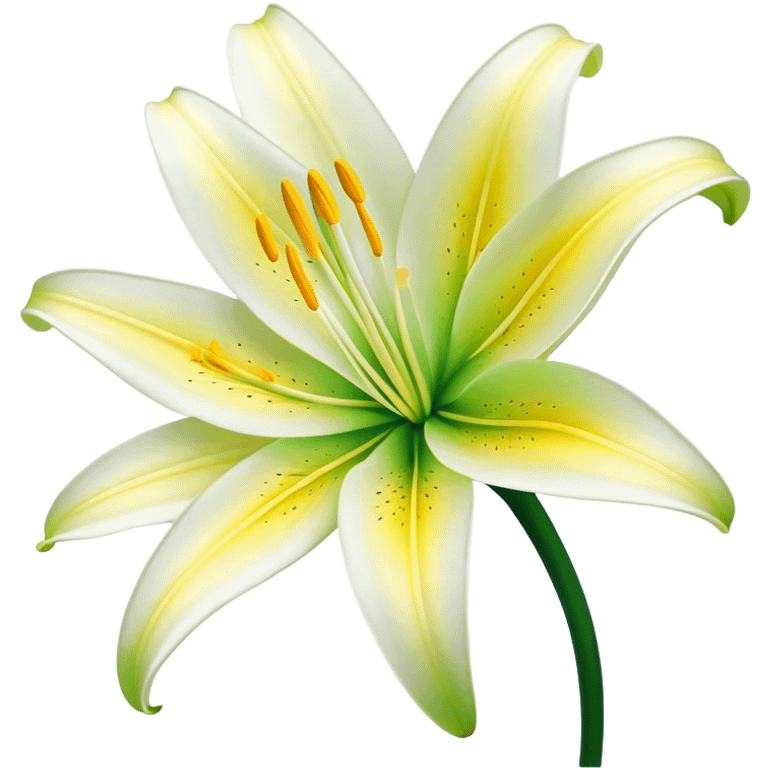 Cinematic Realistic Lily Emoji, Elegant and fragrant, with soft, white petals curling delicately around a golden-yellow stamen at its center. The long, slender green stem stands tall, supporting the vibrant bloom with its slightly curled tips. Soft glowing outline, capturing the essence of purity, elegance, and grace in a striking lily. emoji