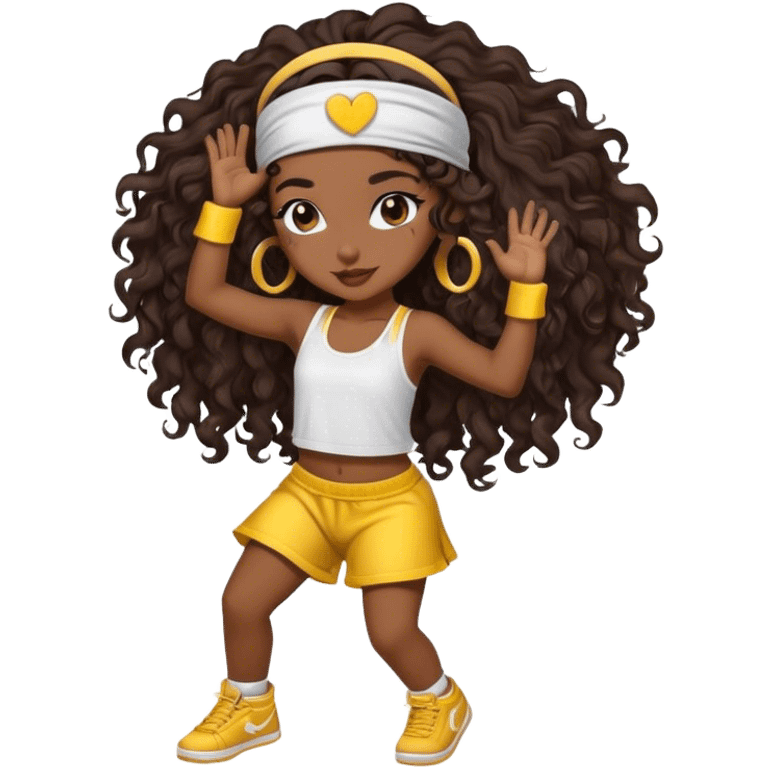 Dancing brown girl with long darn brown curly hair with headband hip hop emoji