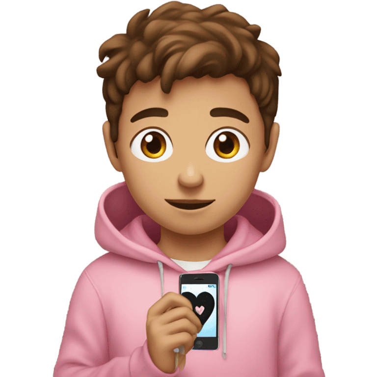 Boy with brown Hair, pink hoddie, holding a Smartphone with a heart  on the Screen emoji