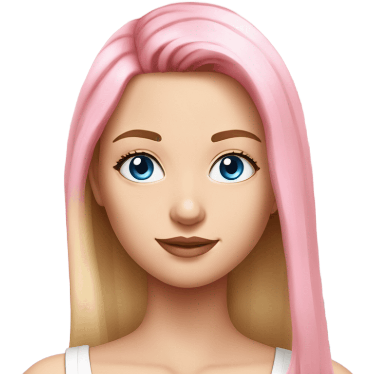 beautiful woman, long straight blonde hair, blue eyes, white tank top, pink hair highlights  emoji