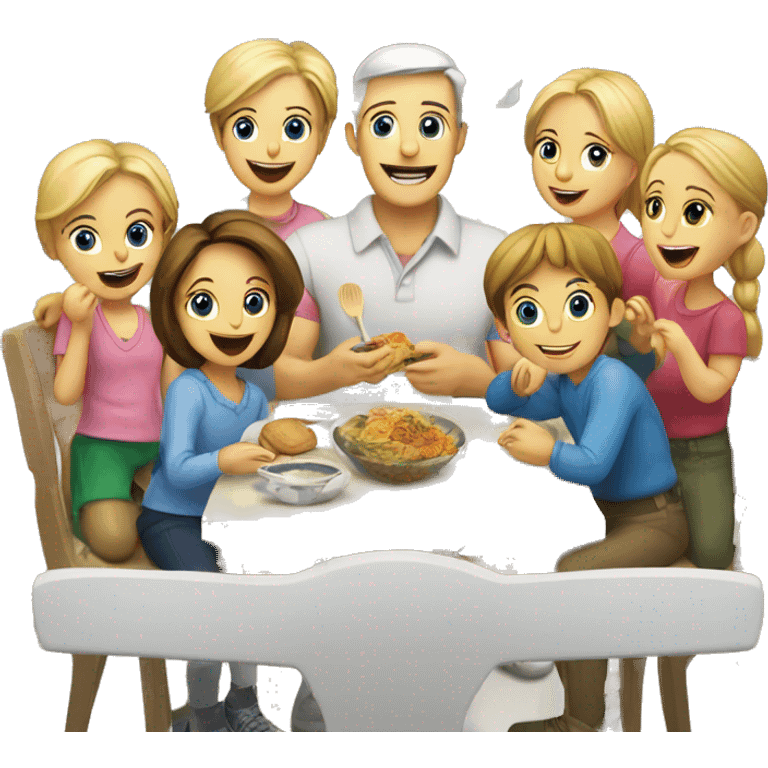 Caucasian family of 8 members eating at kitchen  emoji