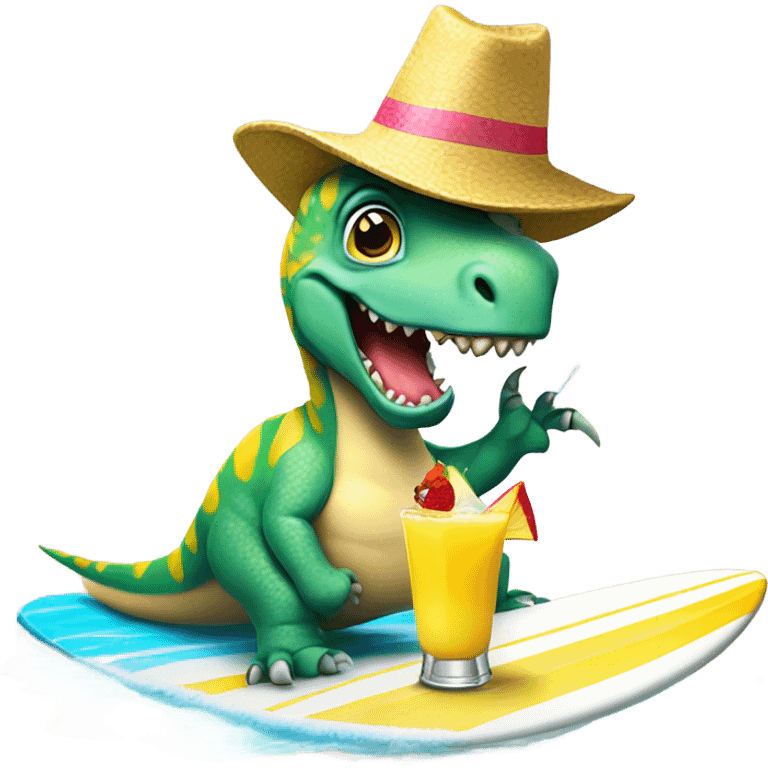 Dinosaur with a party hat on a surfboard drinking piña colada’s ￼ emoji