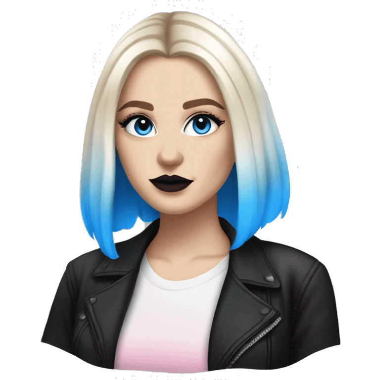 Slavic adult woman, goth eyes makeup, pink lips, blue eyes, medium bob black-to-blonde ombre wavy hair, white T-shirt and black office jacket. emoji