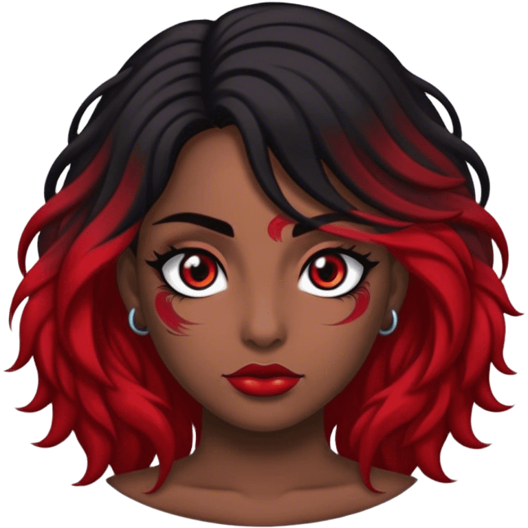 Mulher de cabelo vermelho escuro, olhos negros, sobrancelha preta, óculos e tatuagem no colo emoji