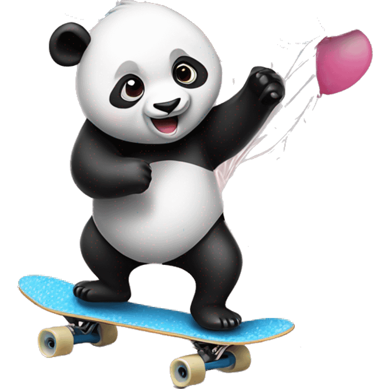 Panda holding balloons riding a skateboard emoji