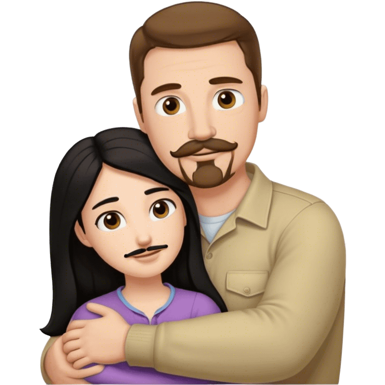 Couple, Tall strong white man with brown hair mustache and goatee, hugging small pale woman long with black hair emoji