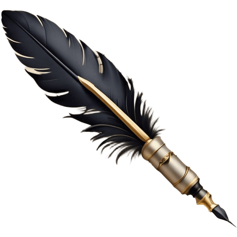 Create a delicate, artistic emoji representing poetry. The design should include a black fountain pen or quill with ink flowing gently onto a piece of parchment or scroll. Add soft, flowing lines to represent the fluidity of verse and creativity. Include elements like a small ink bottle or a feather in the background, and subtle accents of gold or silver to evoke elegance and inspiration. The overall design should feel light, romantic, and whimsical. Make the background transparent. emoji