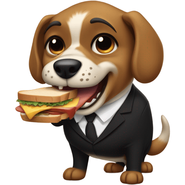 A ferocious dog in a black suit ready to bite a sandwich. emoji