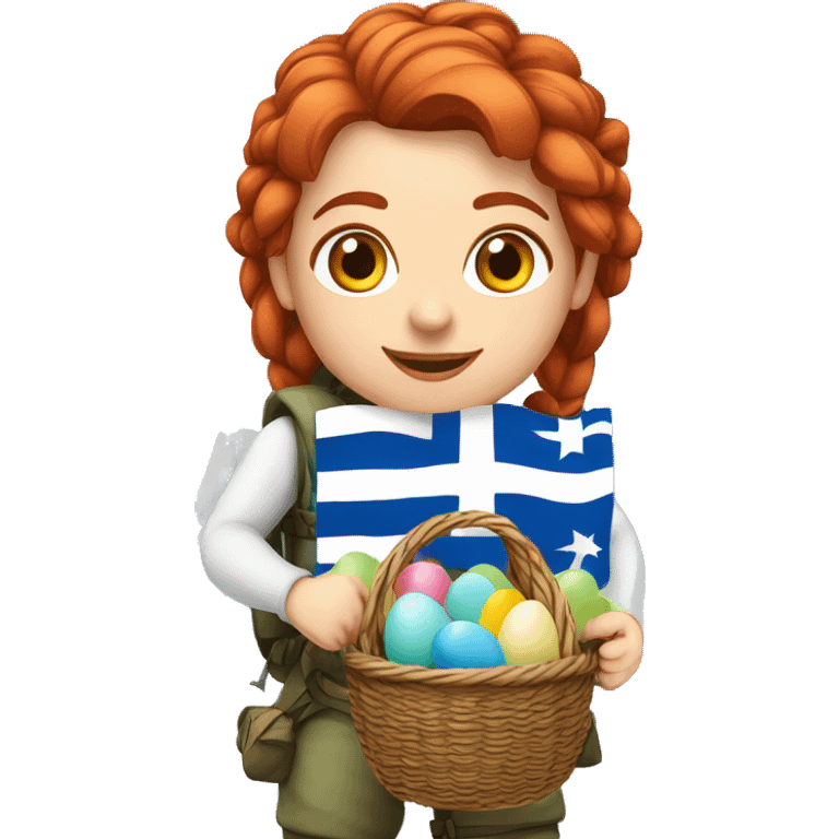 Greek Female winter mountaineer red hair white skin climbing with Greek Flag and Easter eggs basket emoji