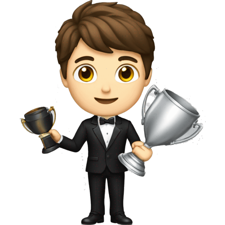 A young man with brown hair with a black suit holding a trophey, full body emoji