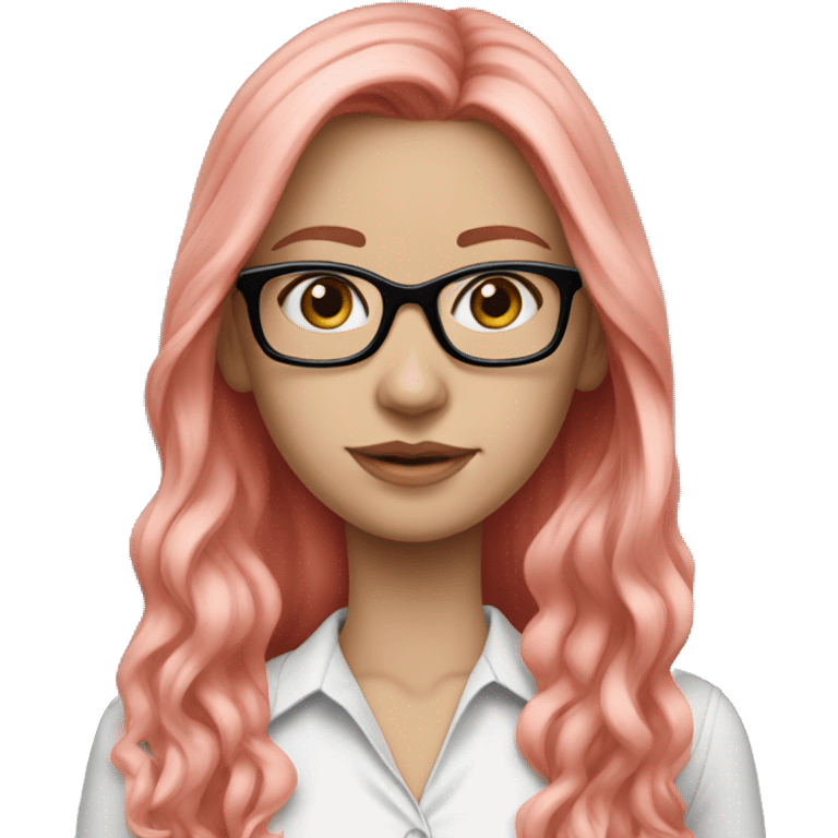 White-girl-with-long-hair-red-head-blue-eyes-wearing-glasses-blouse-formal-pink emoji