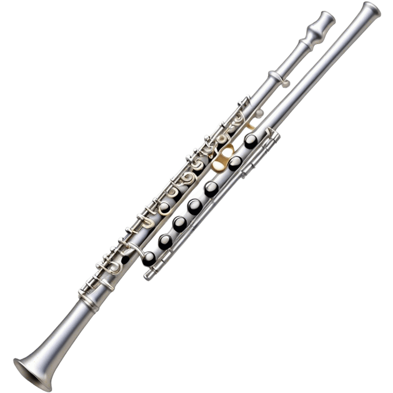 Create an elegant and refined emoji representing a classical silver flute. The design should showcase the sleek, polished silver body of the flute with its keywork and tone holes clearly visible. Highlight the smooth, straight shape of the instrument with subtle light reflections on its metal surface. The keys should be delicately detailed, with their small, round pads visible. Add a slight shine to the flute’s surface to reflect its high-quality craftsmanship. Optionally, include subtle musical notes floating around the flute to evoke its light, melodic sound. The background should be transparent. emoji