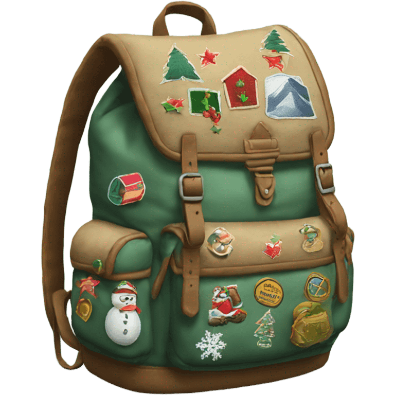 backpack for adventure with vintage christmas patches sewn on it emoji