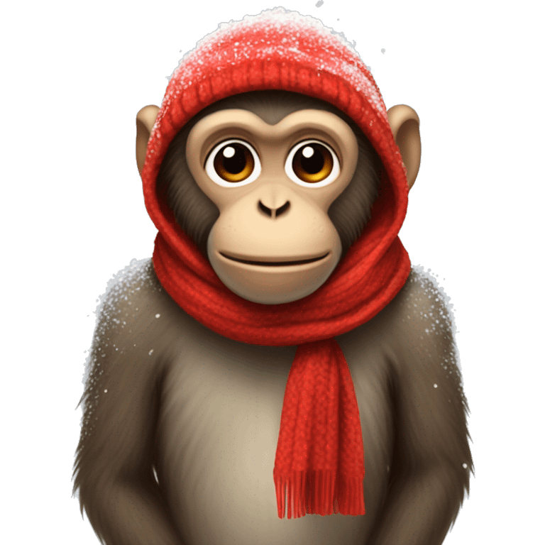 monkey wearing a red scarf while snowing emoji