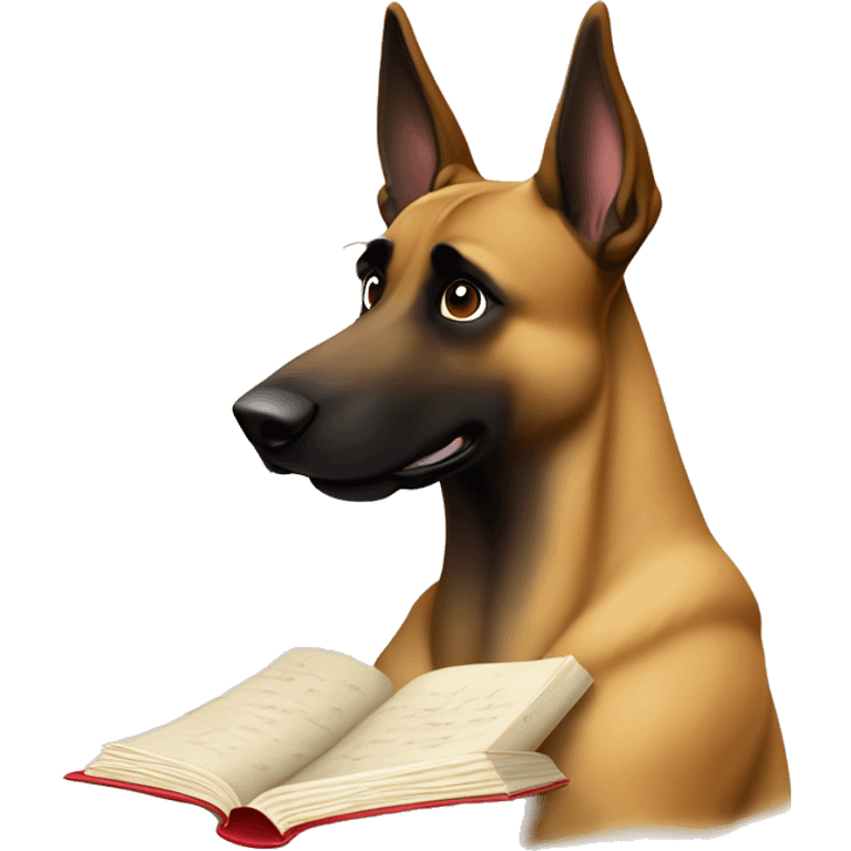 malinois prends des notes avec un livre emoji