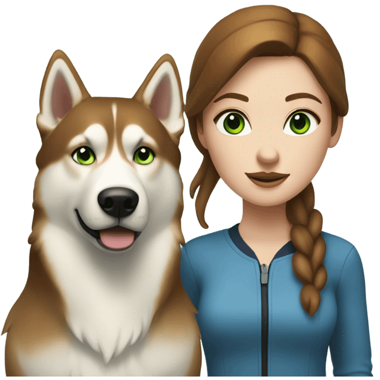 White Woman hair brown and bleus eyes and golden Husky With green eyes emoji