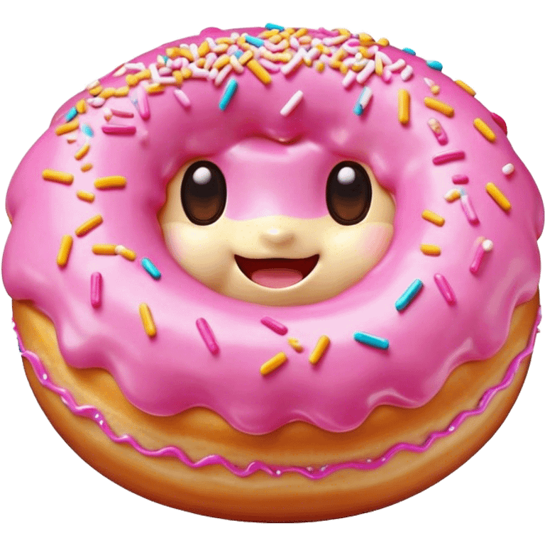 Cinematic tiny happy donut, round and fluffy, golden brown with pink icing and sprinkles, tiny adorable face with blushing cheeks, warm glowing background. emoji