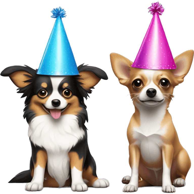 Mini Aussie with a party hat next to a chihuahua with a party hat emoji