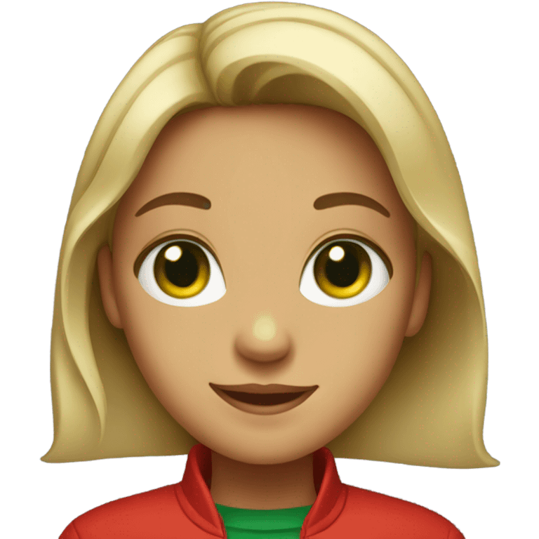 smiling girl in red jacket green eyes emoji