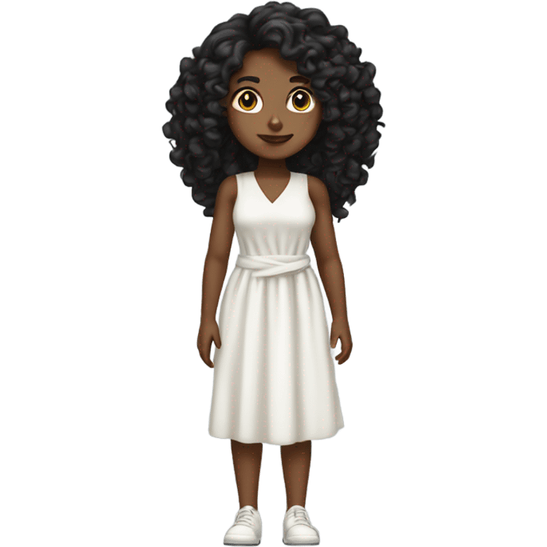 Tan girl with black long curly hair and white tied dress full body emoji