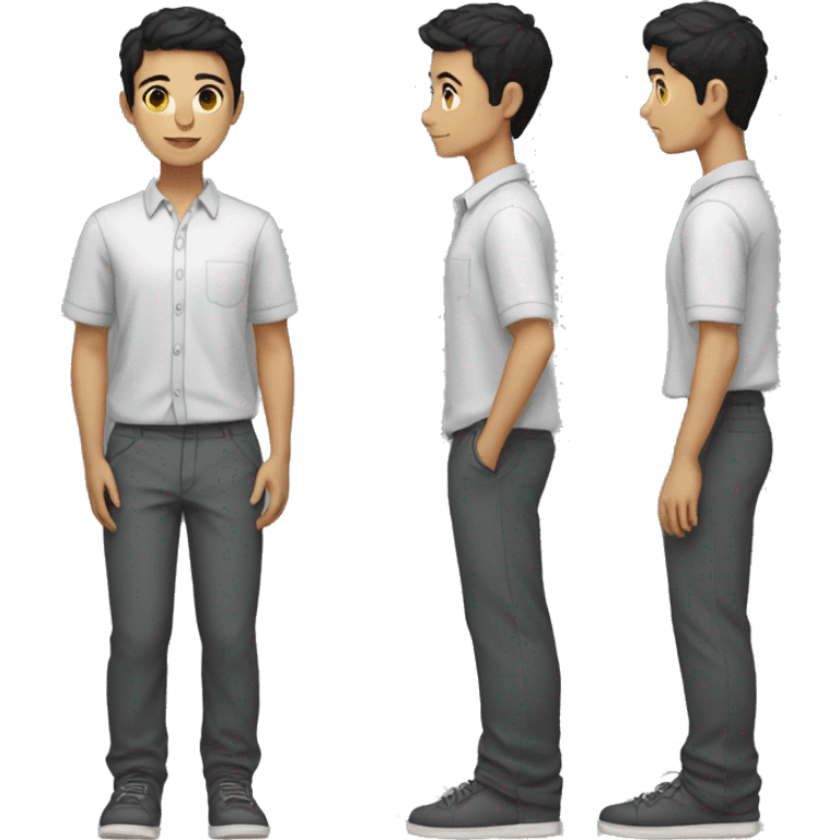 a light-skinned student with short black hair wears a full-length shirt and trousers emoji