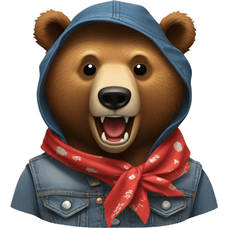 grizzly bear wearing sleeveless jean jacket and red bandana around head with open mouth emoji