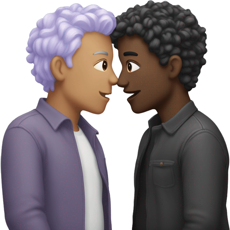 Two men kissing, one of the white with lavender hair and the other person is black with black hair emoji