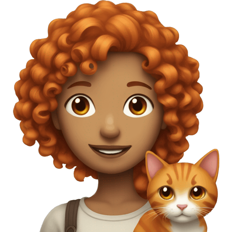 Curly Red haired girl with brown and orange cat with big tail emoji