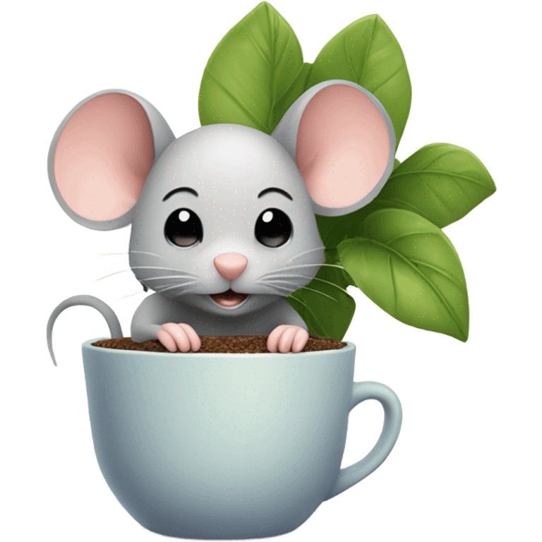 Cute mouse with a potted houseplant and cup of tea emoji