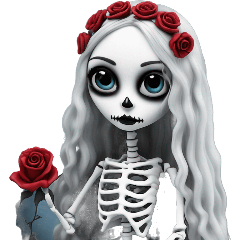 full height skeleton, tim burton "corpse bride", thin porcelain doll with a cracked face, goth makeup watery eyes, long hair, lace and ruffles, lolita style, inked, black and white, red roses, gothic castle with roses emoji