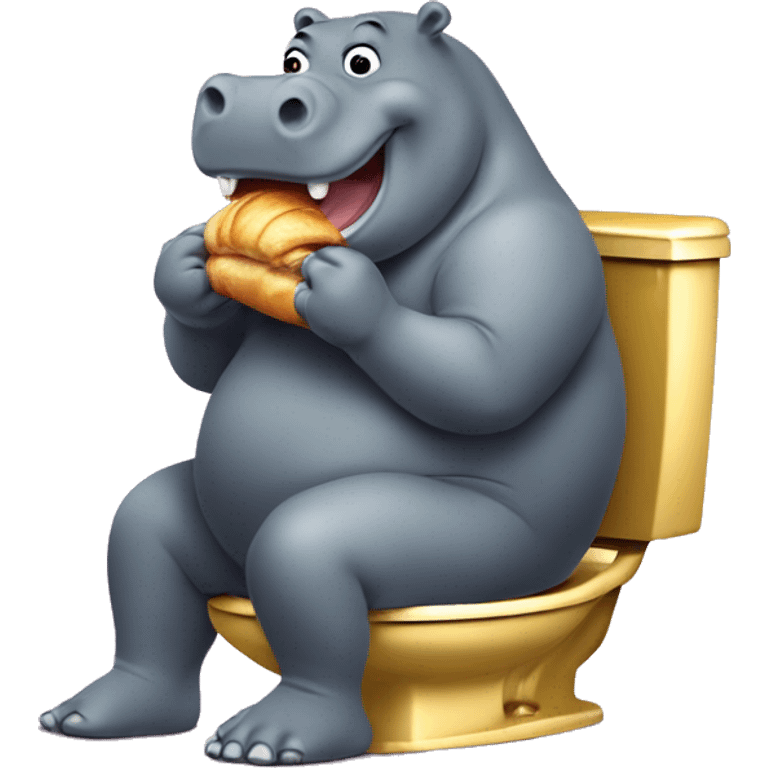 Fat hippopotamus eating a moly croissant while sitting on a golden toilet emoji