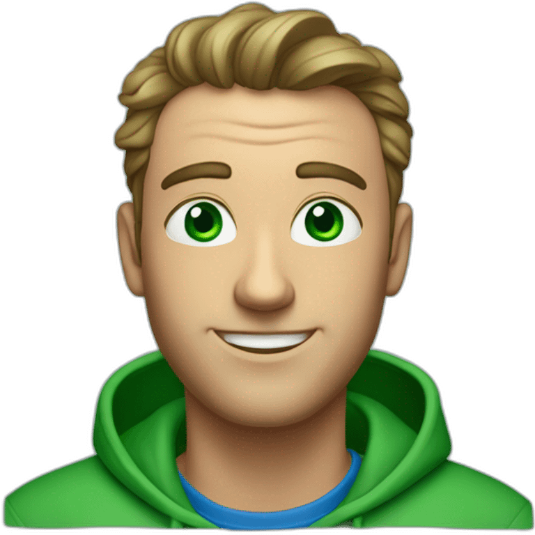 a man, green eyes, blue sweatshirt, green rubies on his head, waves hello emoji